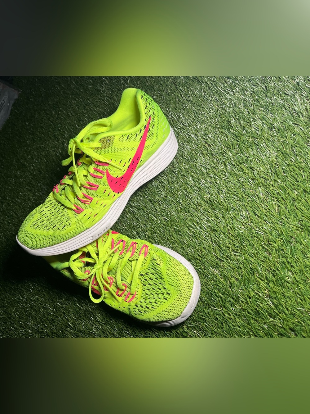 Nike Women's Size 8 Neon Yellow Running Sneakers with Pink Swoosh